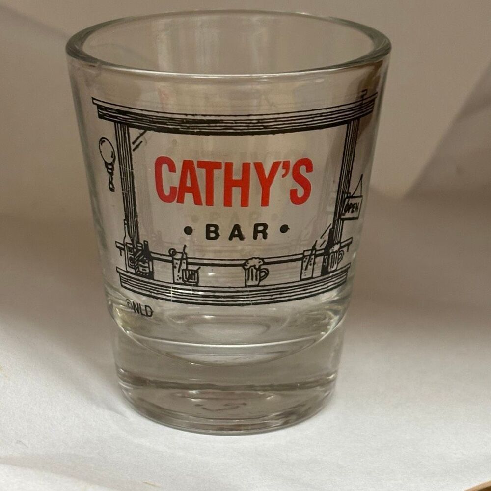 Vintage Cathy’s Bar Shot Glass Clear Red Black Novelty Collectible Personalized